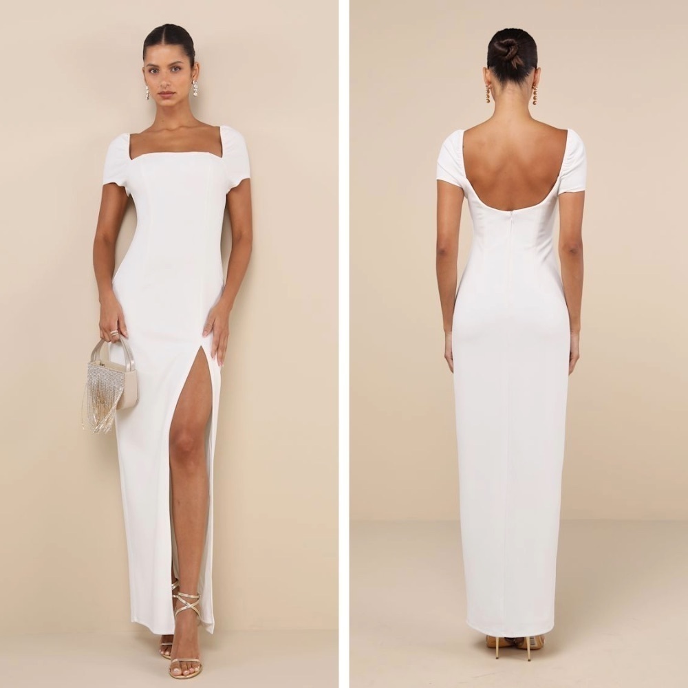 NWT Lulus Magnificent Impression White Square Neck Short Sleeve Maxi Dress, XS